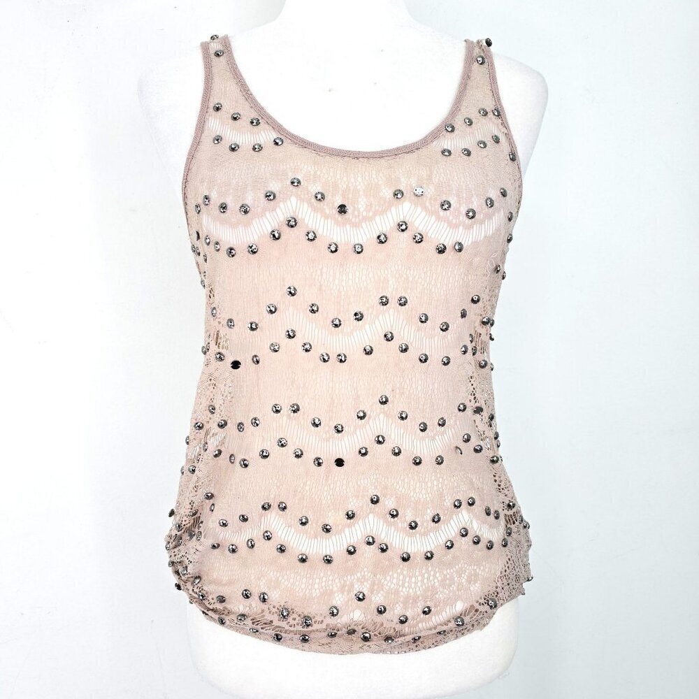 Women's Tan Nude Studded Crochet Knit Boho Tank Top Women Size Small